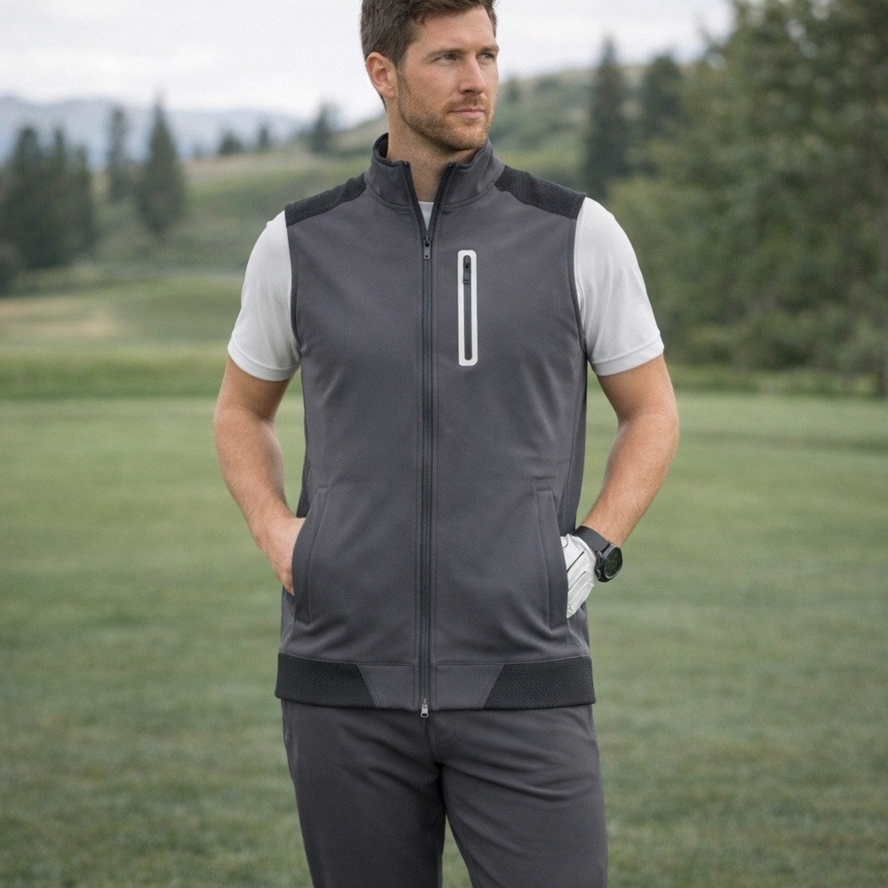 Rhone Full Zip Vest Men XL Gray Black Performance Gorpcore Golf Layering Pockets